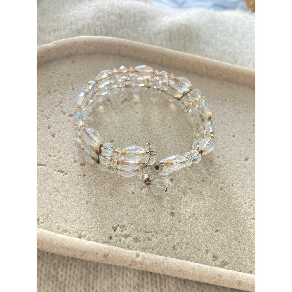 Clear Aurora Borealis Crystal Beaded Coil Bracelet Wedding Bridal Romantic